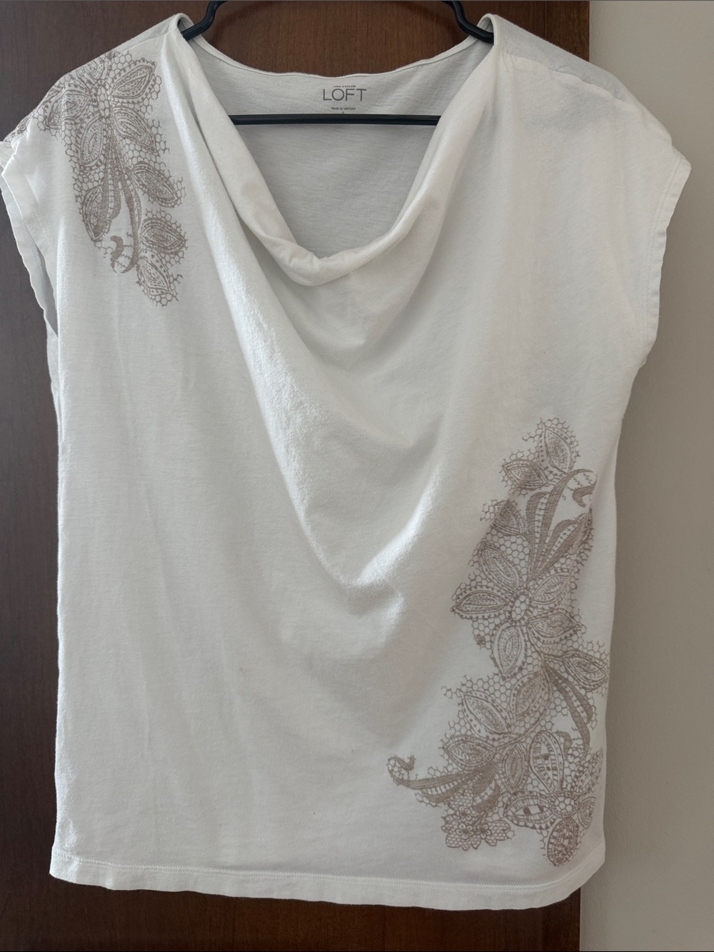 LOFT White Cowl Neck Camisole with Taupe Lace Print